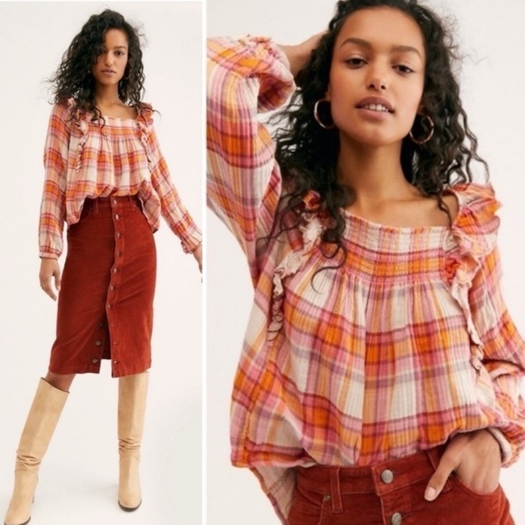 We the Free Free People Sienna Plaid Tie Back Top Sz S - Picture 13 of 13